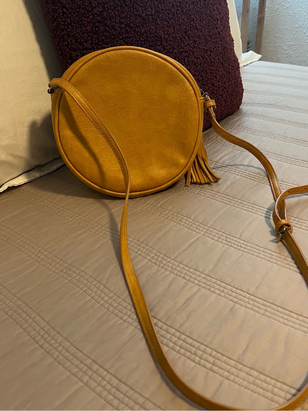 Antik Kraft Camel Round Crossbody Tassel Accent Western Boho Zip